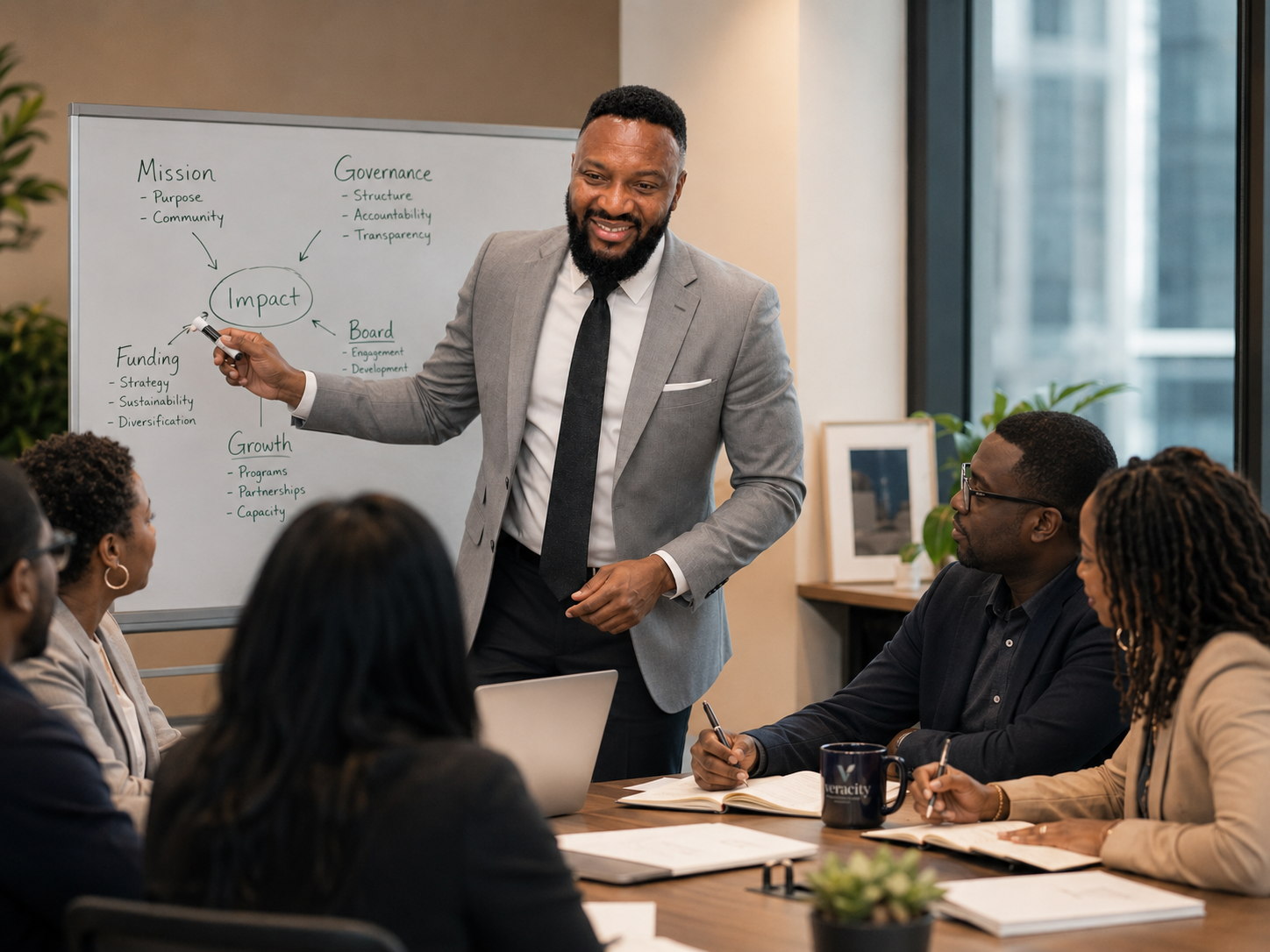 Michael David Odogwu leading nonprofit leaders through a collaborative strategy workshop with a whiteboard