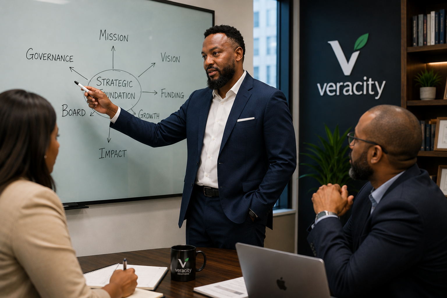 Michael David Odogwu guiding two nonprofit leaders at a strategy board