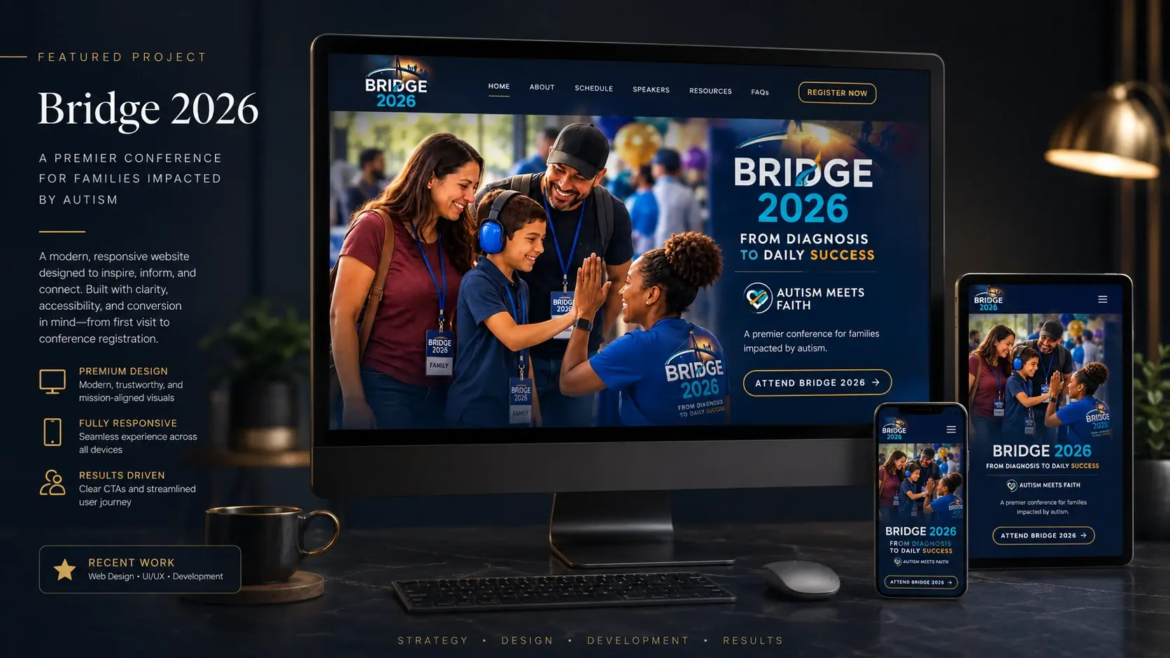 Bridge 2026 conference website displayed across desktop, tablet, and mobile devices