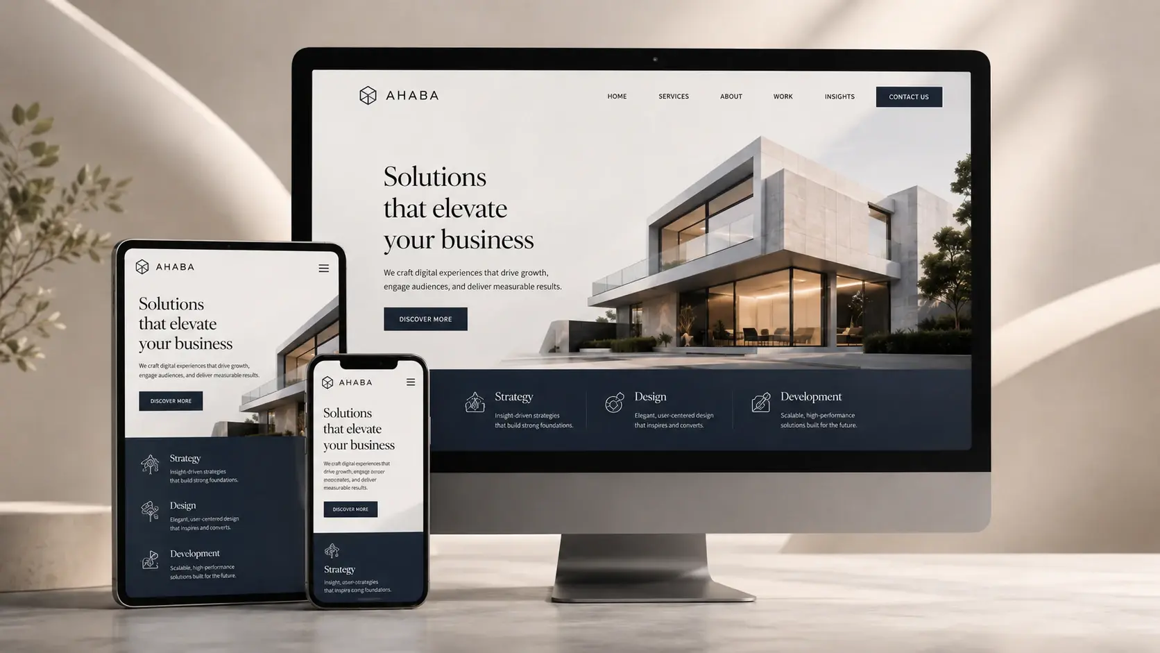 Responsive website mockup displayed across desktop, tablet, and mobile devices