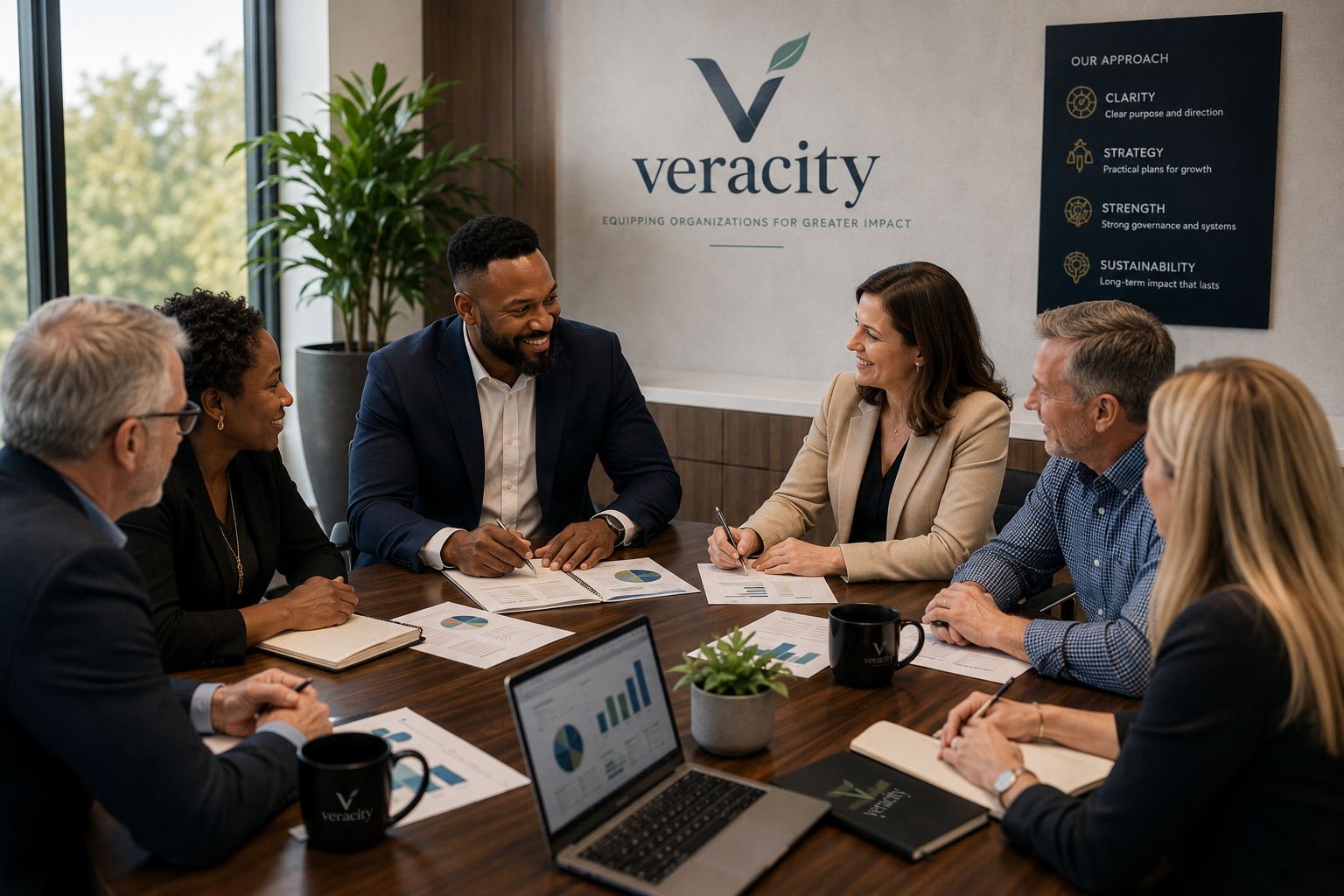 Veracity consultant collaborating with nonprofit leaders around a planning table