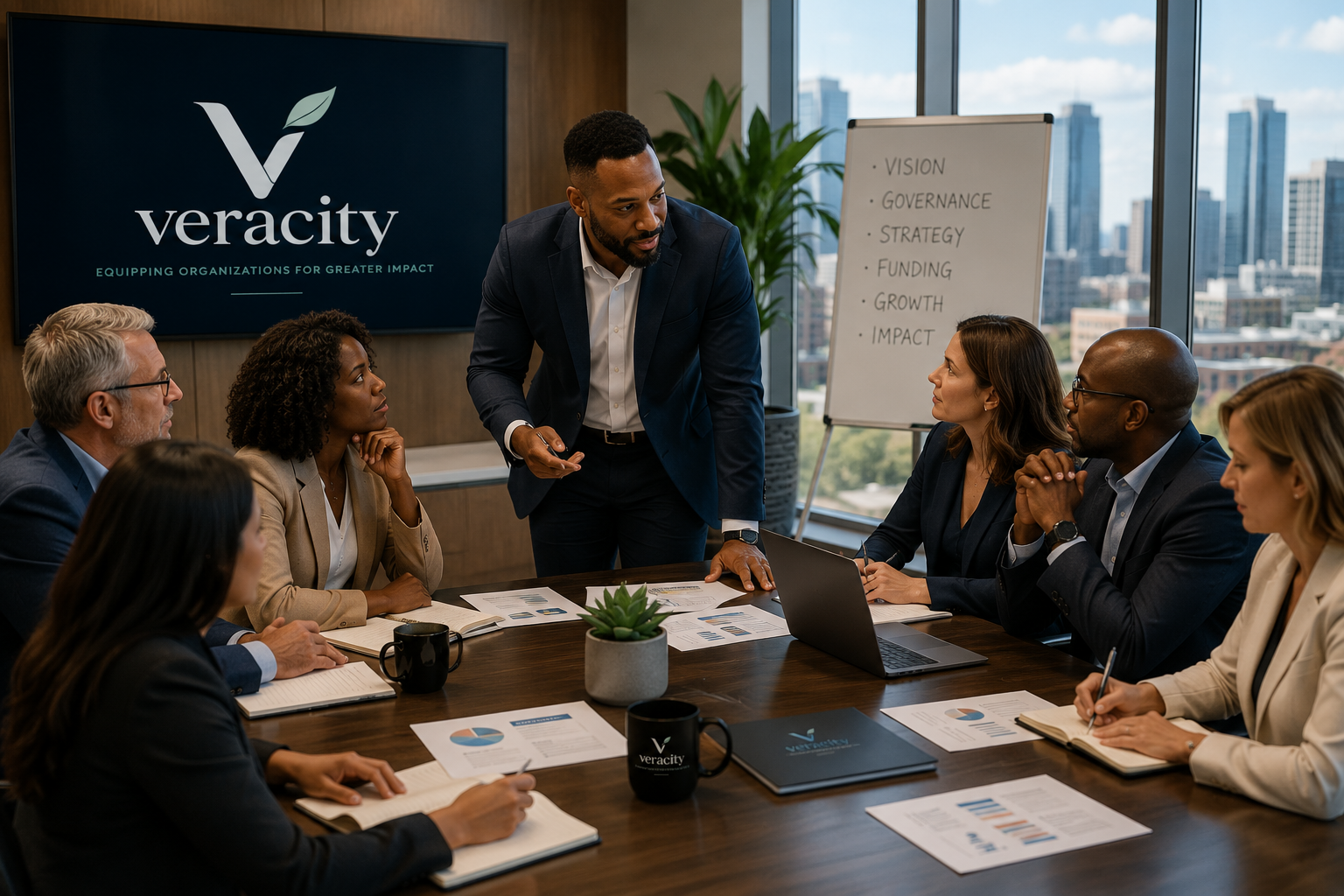 Veracity consultant leading nonprofit executives through a boardroom strategy discussion
