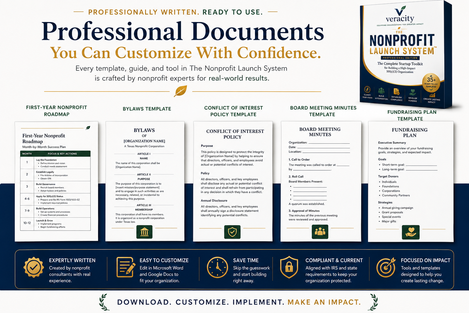 Examples of nonprofit roadmap, bylaws, conflict policy, board minutes, and fundraising plan resources